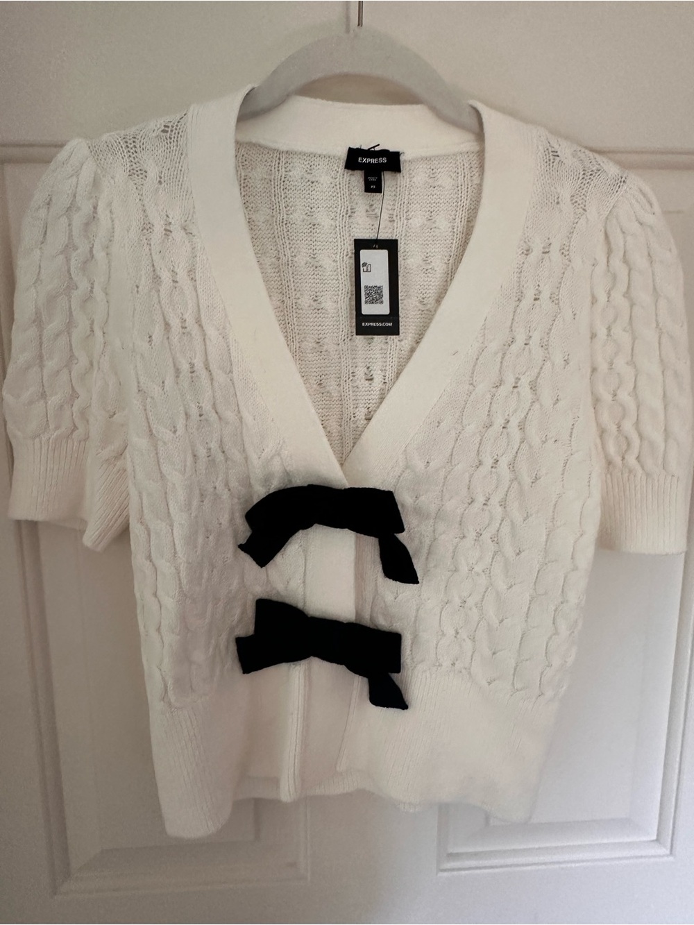 Express White Cable-Knit Short-Sleeve Cardigan with Black Bow Ties NWT